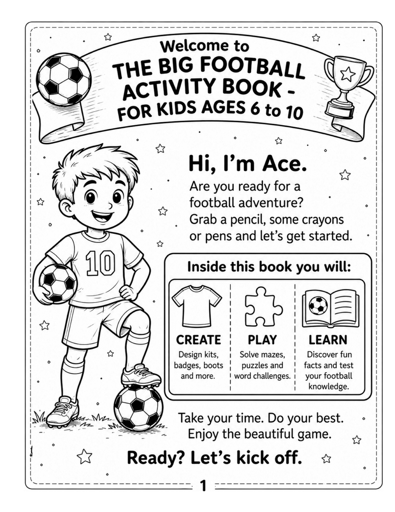 Final welcome page of The Big Football Activity Book featuring Ace