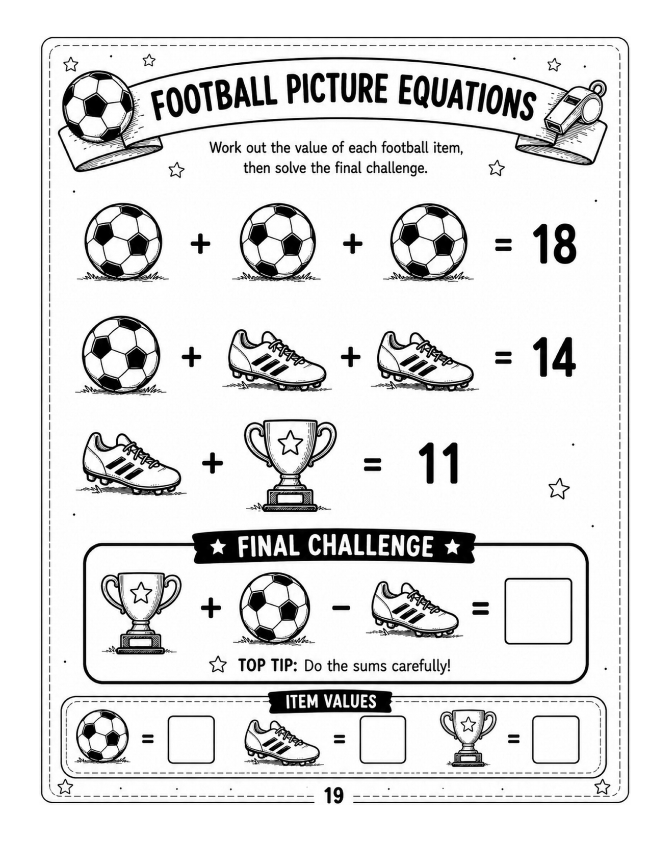 Final football picture equations activity page